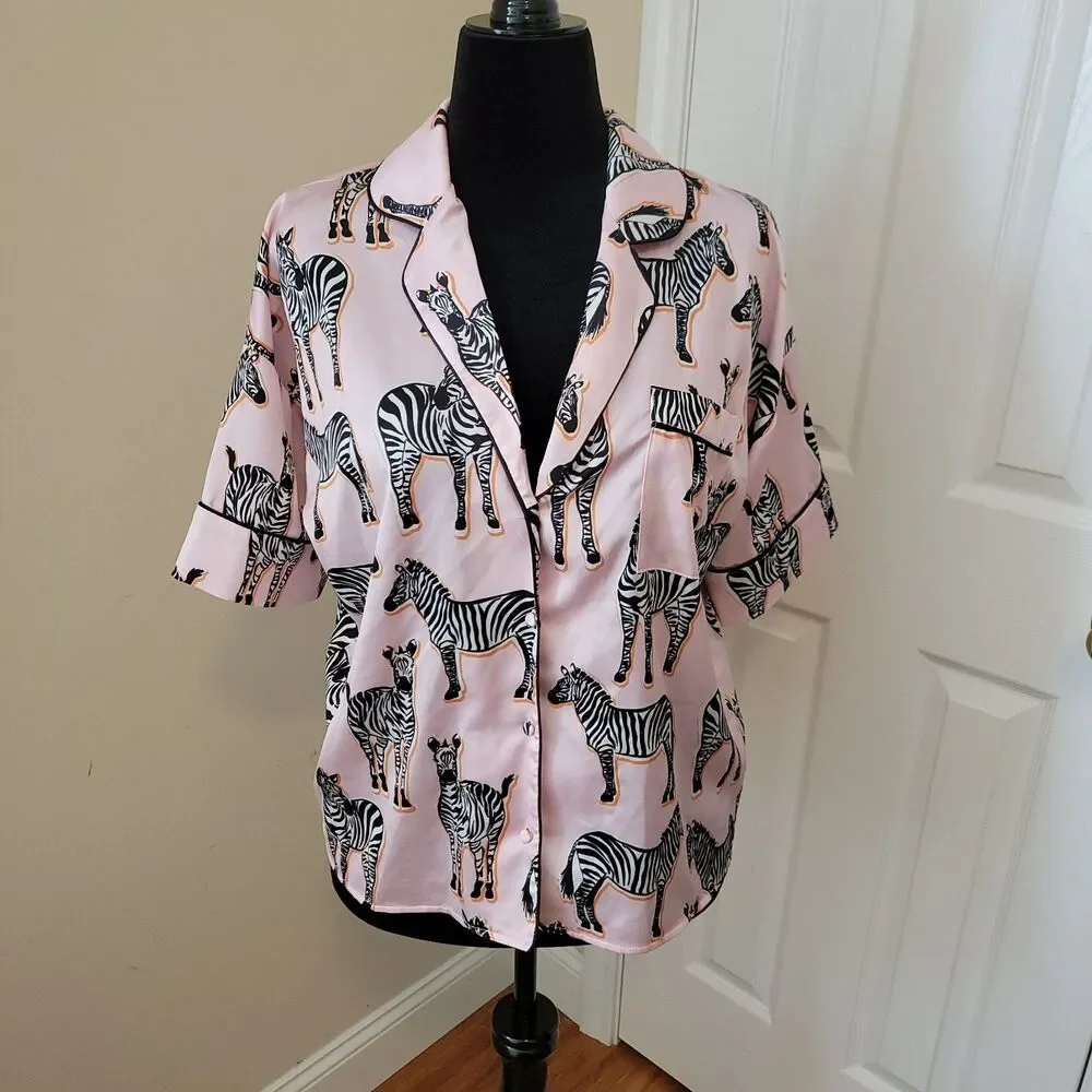 River Island Satin Light Pink With Zebra Short Sleeve Pajama Top Size M - Picture 1 of 6